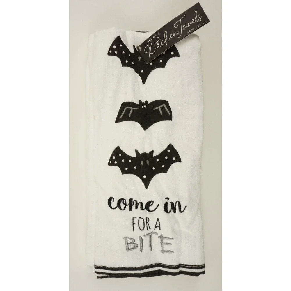 New Set of Two Come In For A Bite Halloween Kitchen Towels White‎ Vampire Bat